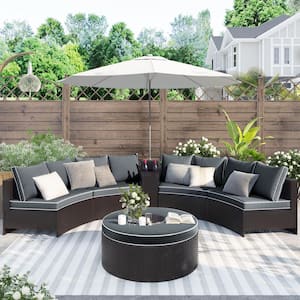 6-Piece Brown Wicker Half Round Sectional Patio Conversation Set with Gray Cushions and Storage Side Table for Umbrella