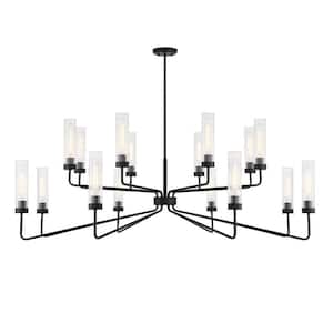 Baker 61 in. W x 23 in. H 16-Light Matte Black Contemporary Chandelier with Clear Ribbed Glass Shades