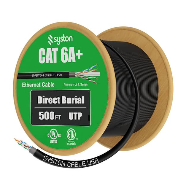 500 ft. Cat 6A+ Direct Burial Ethernet Network Cable 700 MHz Outside Plant Waterproof Dual-Layer Jacket Outdoor-Black