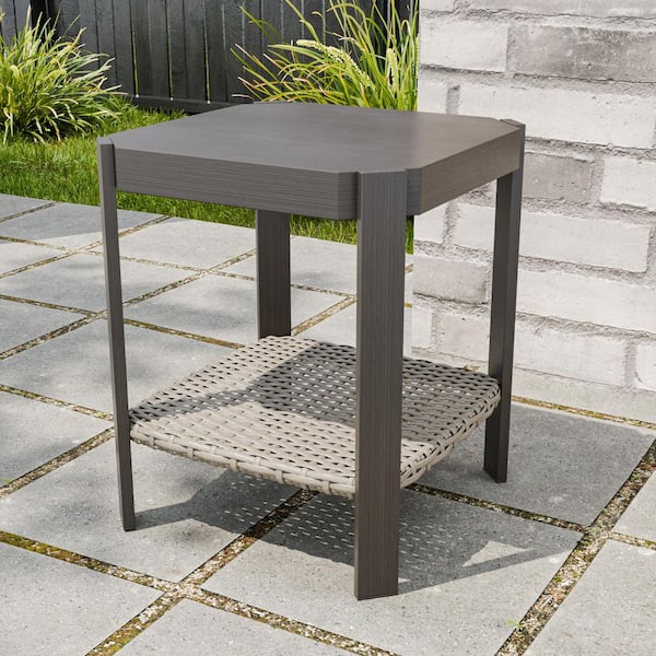 Square Side Table Patio Coffee Table with Rattan Storage Shelf for Backyard Poolside Outdoor Indoor Patio Backyard Brown