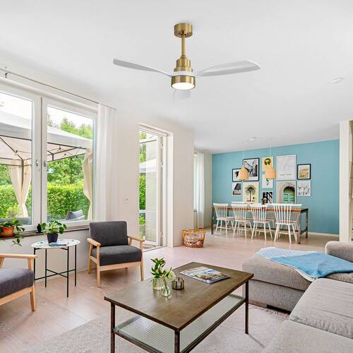 Auris 48 in. White Blades Indoor Gold Ceiling Fan with LED Light Quiet DC Motor Downrod Mount TaiMei Ceiling Fans With Lights