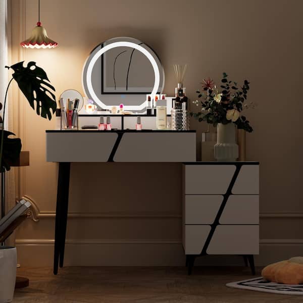 FUFU&GAGA White Modern Makeup Vanity Desk 9 Drawers Wood Dressing Table  With 3 Mirrors, Hidden Storage Shelves, LED Lighted KF210213-01 - The Home  Depot