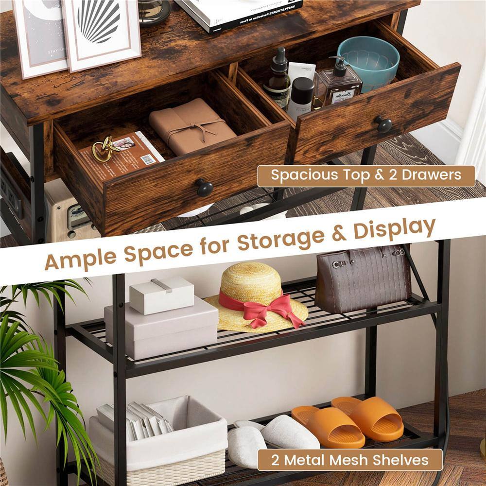 32 in. Rustic Brown Rectangle Wood Top Entryway Table End Table with 2-Drawers Charging Station Narrow Console Table - thumbnail 9