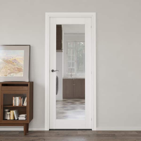 28 in. x 80 in. 1-Lite Clear Glass Right-Handed White Solid Core MDF Prehung Door with Quick Assemble Jamb Kit