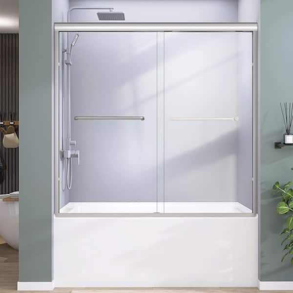 60 in. W x 58 in. H Semi-Frameless Sliding Tub Door Bathtub Shower Door in Chrome 1/4 in. with Clear Glass