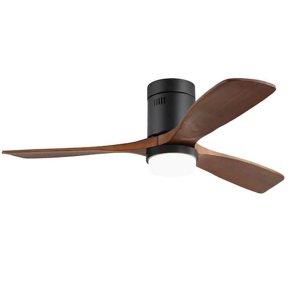 52 in. LED Indoor/Outdoor Flush Mount Matte Black Ceiling Fan with Wood Blades, 6-Speed DC Remote Control