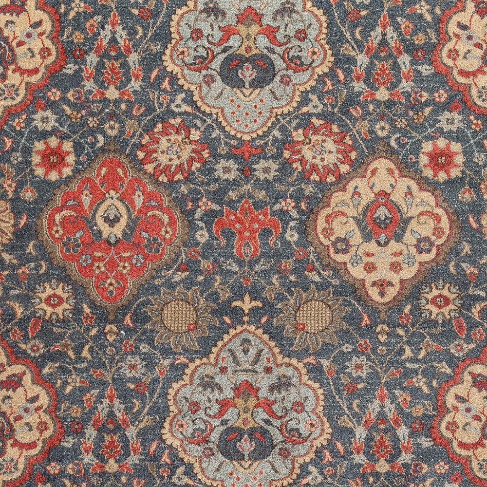 Red and Navy Floral Synthetic Rectangular Area Rug
