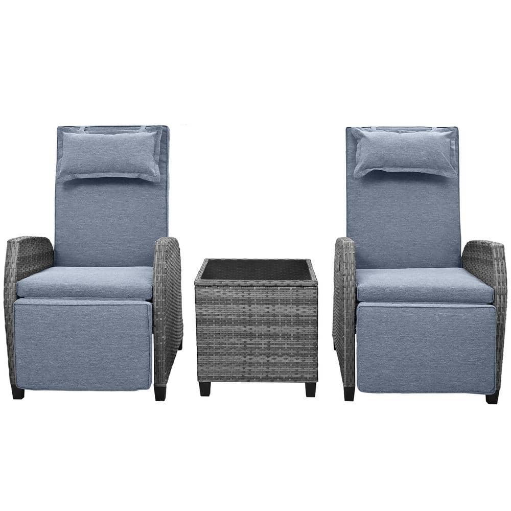 3-Piece Wicker Chaise Lounge with Coffee Table, Outdoor Adjustable Recliner