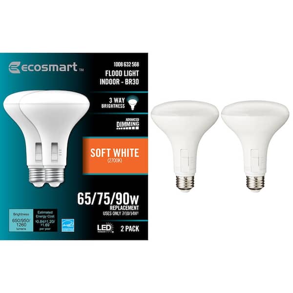EcoSmart 65/75/90-Watt Equivalent BR30 3-Way Flood ENERGY STAR Dimmable CEC LED Light Bulb Soft White (2-Pack)