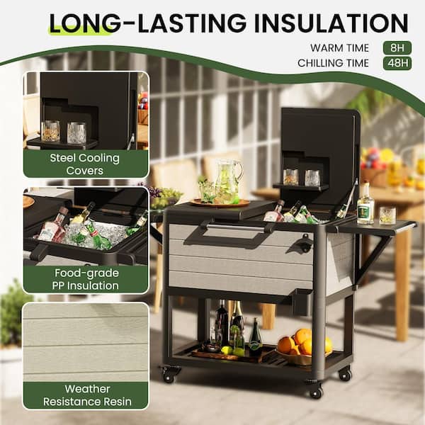 104 qt. Black Outdoor Patio Beverage Rolling Cooler with Wheels, Handles Woodgrain Ice Chest Bar Cart 48 hour Cold Drink
