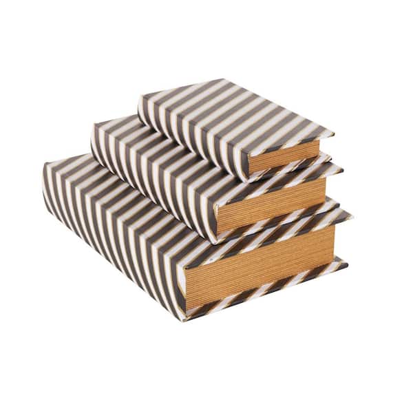 Rectangle Faux Leather Faux Book Storage Box with White and Gold Stripes (Set of 3)