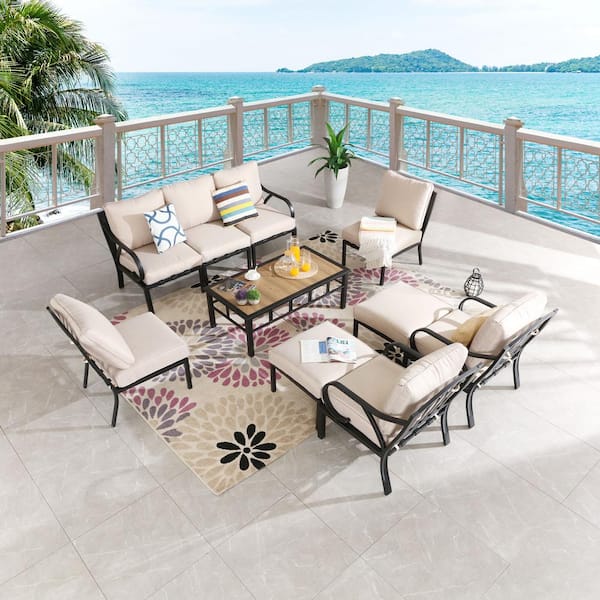 10-Piece Metal Outdoor Sectional Set with Beige Cushions