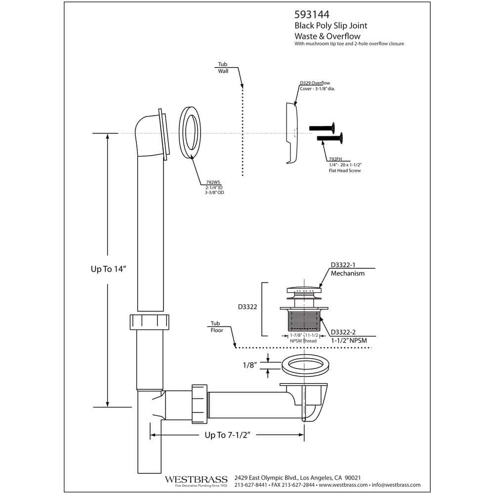 1.5" Stainless Steel Tip-Toe Tubular Bath Waste Drain Assembly