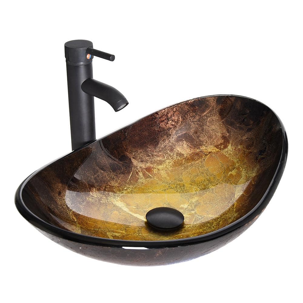 Multi-colored Glass Oval Vessel Sink in Yellow with Black Faucet Pop Up Drain Set -  Puluomis, USBA20065