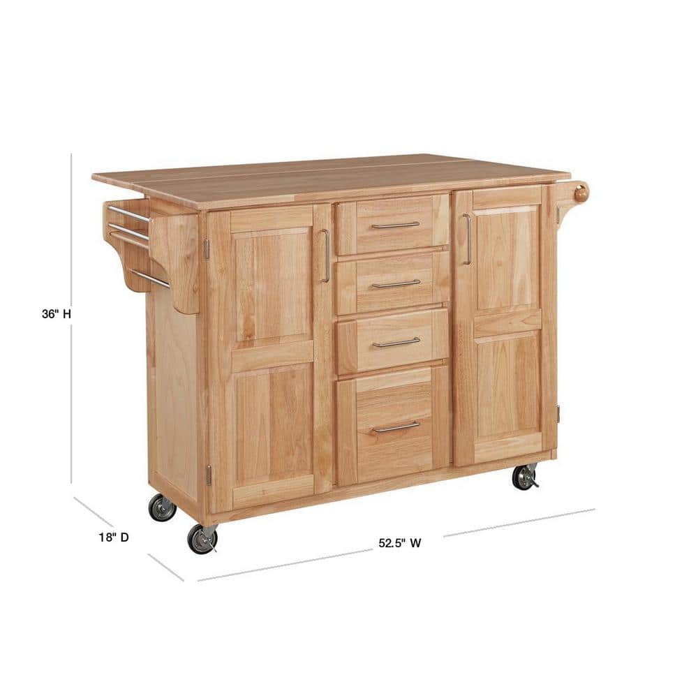 Natural Oak Drop-Leaf Rectangular Kitchen Cart with Spice Rack and Storage