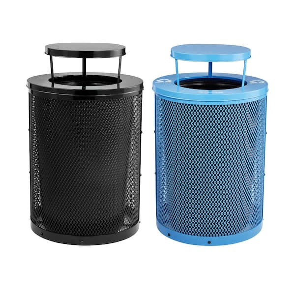 36 Gal. Black and Blue Steel Diamond Outdoor Commercial Trash Can and Recycling Station Combo with Rain Lid and liner