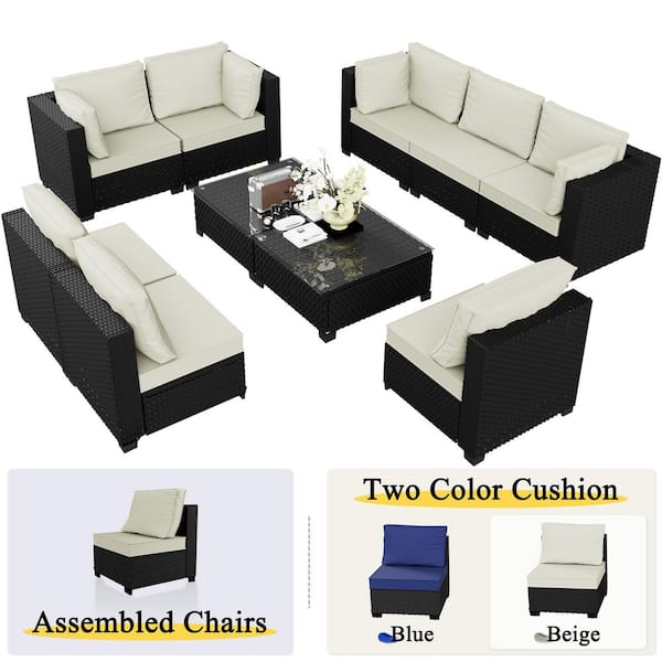 10-Piece Wicker Rattan Outdoor Patio Conversation Seating Set w/ Coffee Tables, Beige and Blue Cushion (8-Seats)