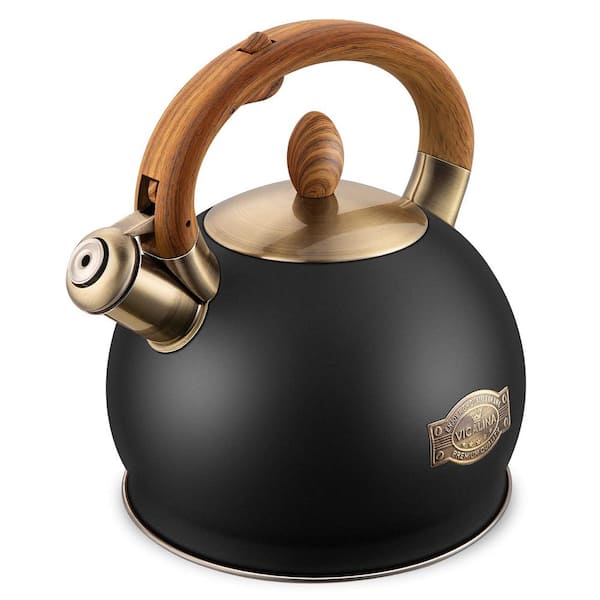 15-Cup Polished Black Stainless Steel Stovetop Tea Kettle, 2.6 qt. Whistling Loud Tea Kettle Tea Pot