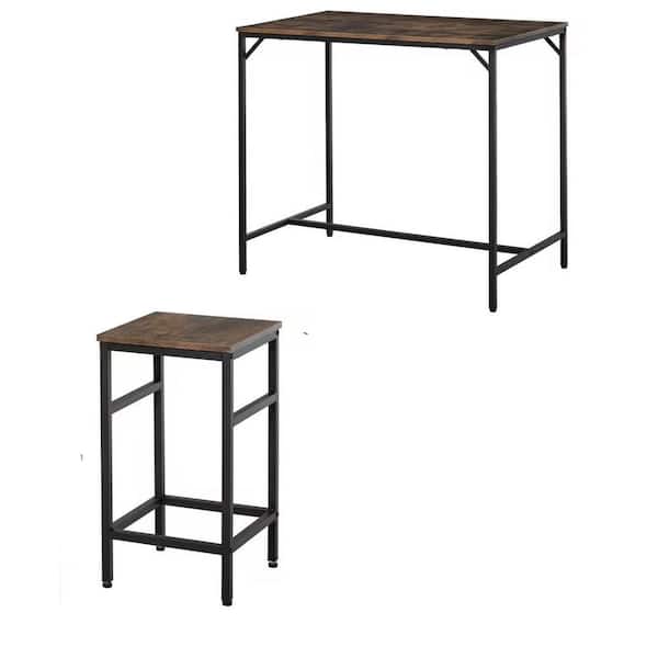 5-Piece Rustic Brown and Black Wood Industrial Dining Table Set, Include 1 Bar Table and 4 Stools Chairs for Pub, Patio