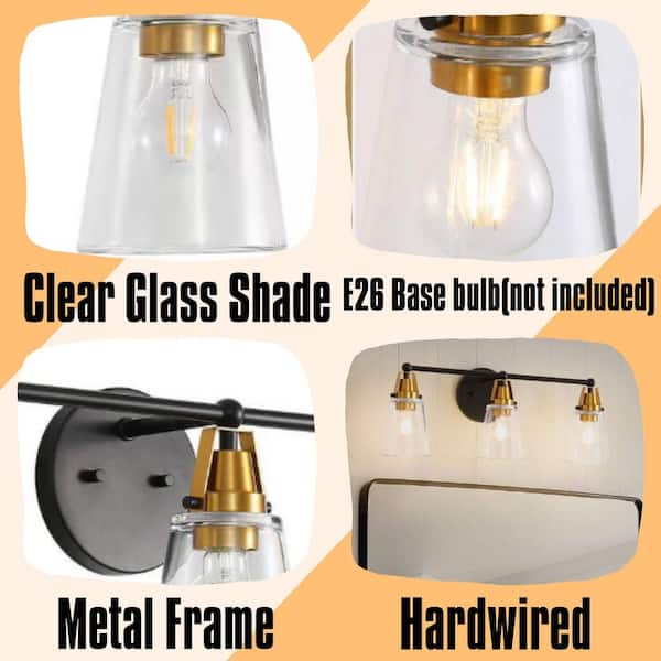 25.7 in. 3-Light Black+Bronze Vanity Light with Clear Glass Shade, E26 Wall Sconces for Living Room, Bedroom, Hallway