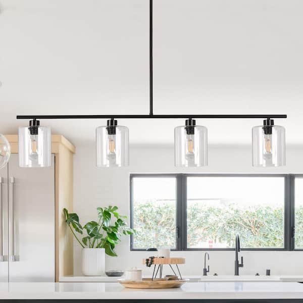 4-Light Matte Black Modern Island Pendant Light Fixtures, Linear Chandelier Hanging Light with Clear Glass Shade