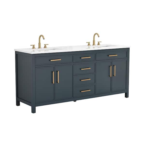 Cooper 72 in. W Bath Vanity in Vintage Blue with Engineered Stone Top in Ariston White with White Sinks