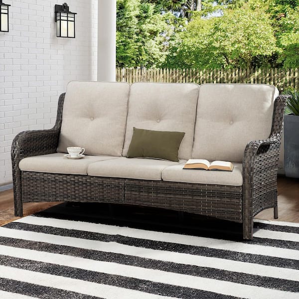 JOYSIDE 3-Seat Wicker Outdoor Couch Patio Sofa with Deep Seating and Beige Cushions