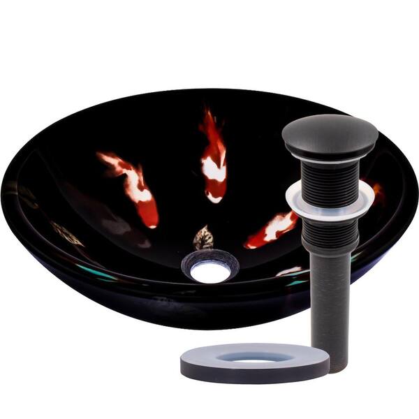 Novatto Fiche Black Glass Round Vessel Sink with Koi Design Drain in Oil Rubbed Bronze