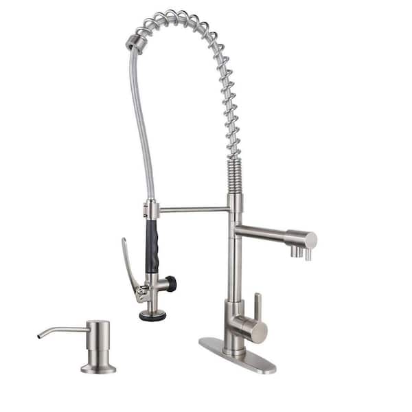 28.7 in. Single Handle Spring Pull Down Sprayer Kitchen Faucet with 2 x 360° Swivel Spout and Soap Dispenser in Nickel