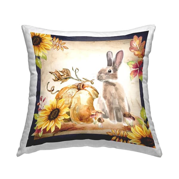 Stupell Industries Fall Rabbit Botanical Pumpkin Multi-Color Floral Polyester 18in. X 18in. Throw Pillow