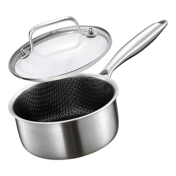 Tri-Ply 2.5 qt. Stainless Steel Nonstick Sauce Pan in Silver with Lid, Fast Even Heat, All Stove Safe