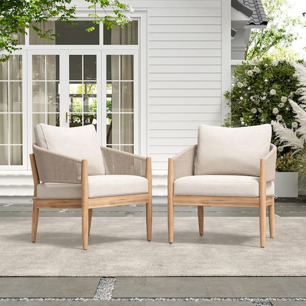 Selena Patio Solid Wood and Rope Weave Outdoor Lounge Chairs with Beige Cushions, Natural+Light Brown, Set of 2
