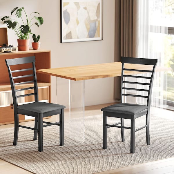 Wooden Dining Chairs Set of 2, Farmhouse Upholstered Kitchen Chairs with Rubber Wood Frame, Black and Gray