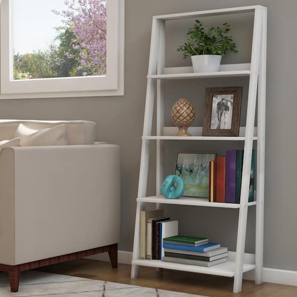 Lavish Home 55.25 in. White Wood 4-Shelf Ladder Bookcase with Open Back