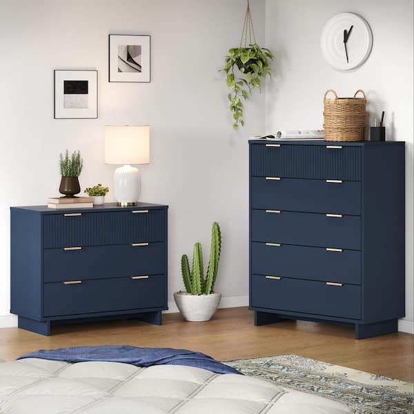 Manhattan Comfort Granville Midnight Blue 5-Drawer 37.8 in. W Tall Chest and 3-Drawer 37.8 in. W Standard Dresser (Set of 2)
