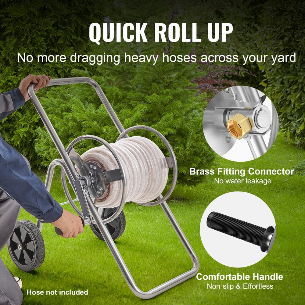 Heavy Duty Silver Steel Manual Crank Hose Reel Cart with Wheels