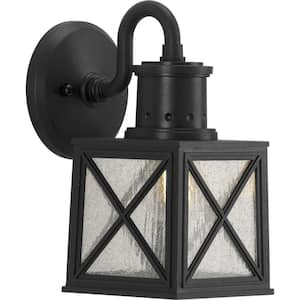Seagrove Collection 1-Light Textured Black Clear Seeded Glass Farmhouse Outdoor Small Wall Lantern Light