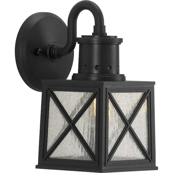 Progress Lighting Seagrove Collection 1-Light Textured Black Clear Seeded Glass Farmhouse Outdoor Small Wall Lantern Light