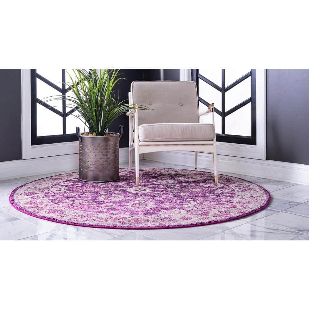 Krystle Round Purple Floral Synthetic Indoor Rug
