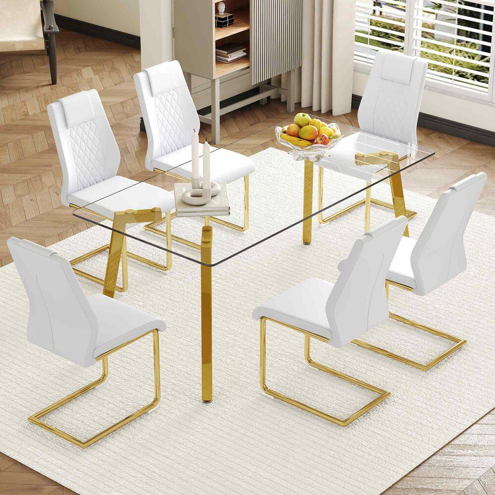 7-Piece Rectangular Transparent/White/Gold Glass Top Dining Table Set Seats 6 with 6 PU Chairs price history on PriceWatchPro