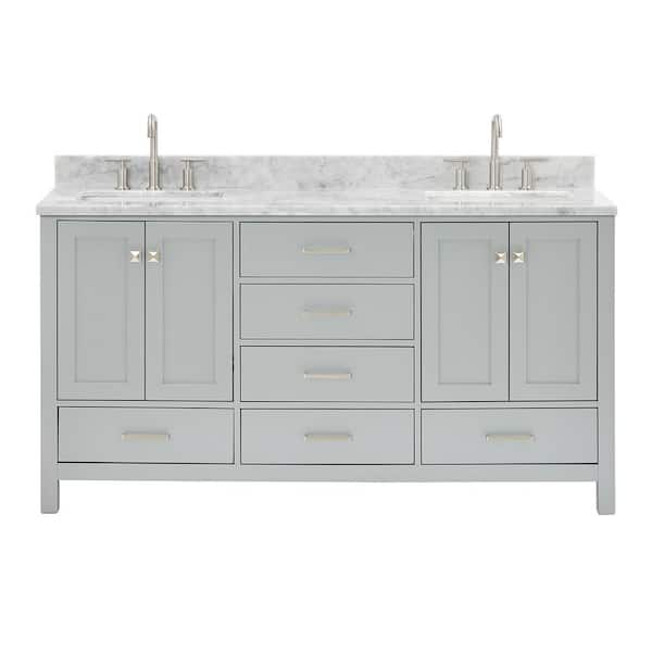 Cambridge 66 in. Double Sink Freestanding Bathroom Vanity in Gray with Carrara White Marble Top