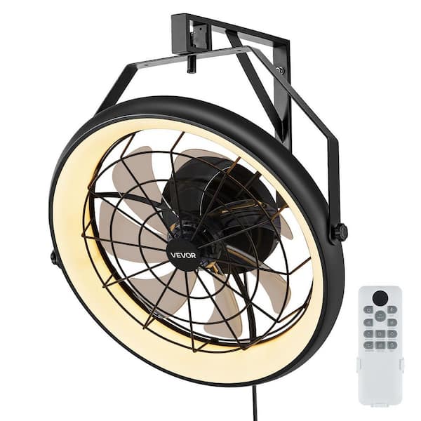 Wall Mounted Fan with Lights, Wall Mount Fan with Remote, 6 Speeds Plug in Wall Fan for Workshop, Patio, Home Black