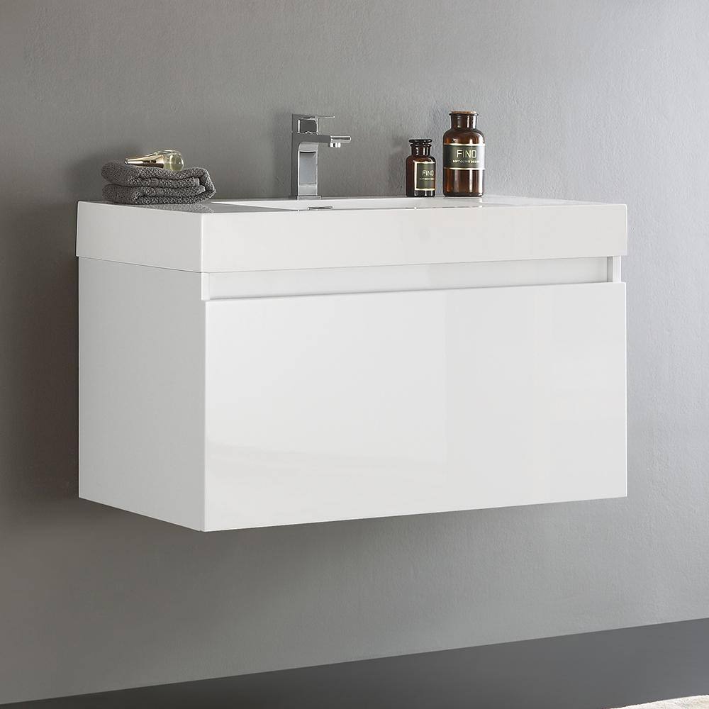 Glossy White 36" Wall-Mounted Single Sink Vanity with Acrylic Top