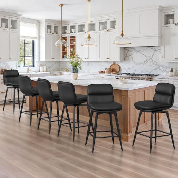 38 in. Dahlia Light Black Faux Leather Metal Frame Swivel Bar Stool with Double-Layer Cushion (Set of 6)