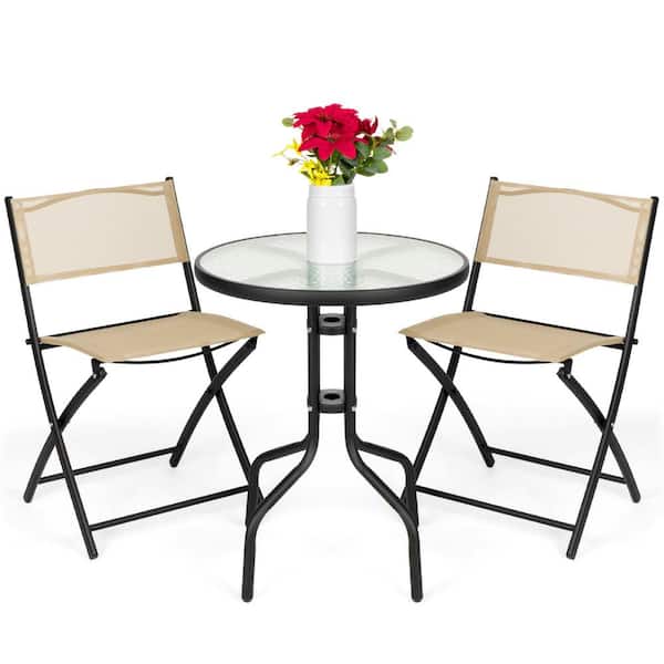 Unbranded Beige 3-Piece Metal Outdoor Bistro Set with Glass Table and 2 Foldable Chairs