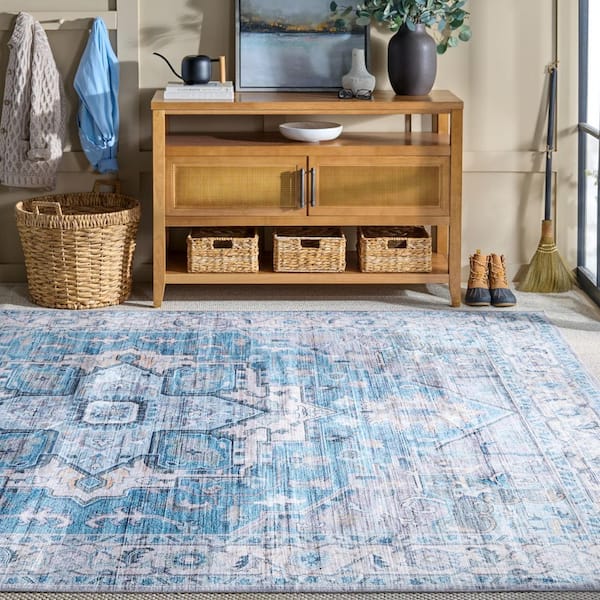 Martha Stewart Washable Gray/Turquoise 9 ft. x 12 ft. Machine Washable Floral Medallion Area Rug
