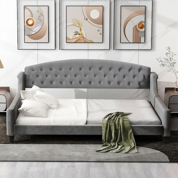 Gray Full Upholstered Daybed with Tufted Button
