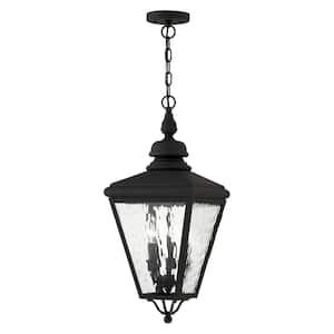 Hadley 25.25 in. 3-Light Black Dimmable Outdoor Pendant Light with Clear Water Glass and No Bulbs Included