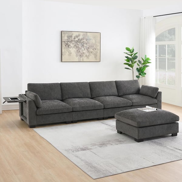 144 in. Chenille L-Shape Sectional Sofa in. Gray with Ottoman, Folding Table, Dual-Port Charging, Side Storage Pockets