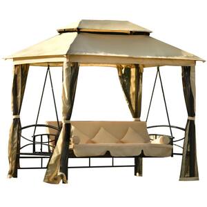 3-Person Metal Outdoor Patio Swing with Cushions, Double Roof Canopy and Mosquito Netting in Khaki